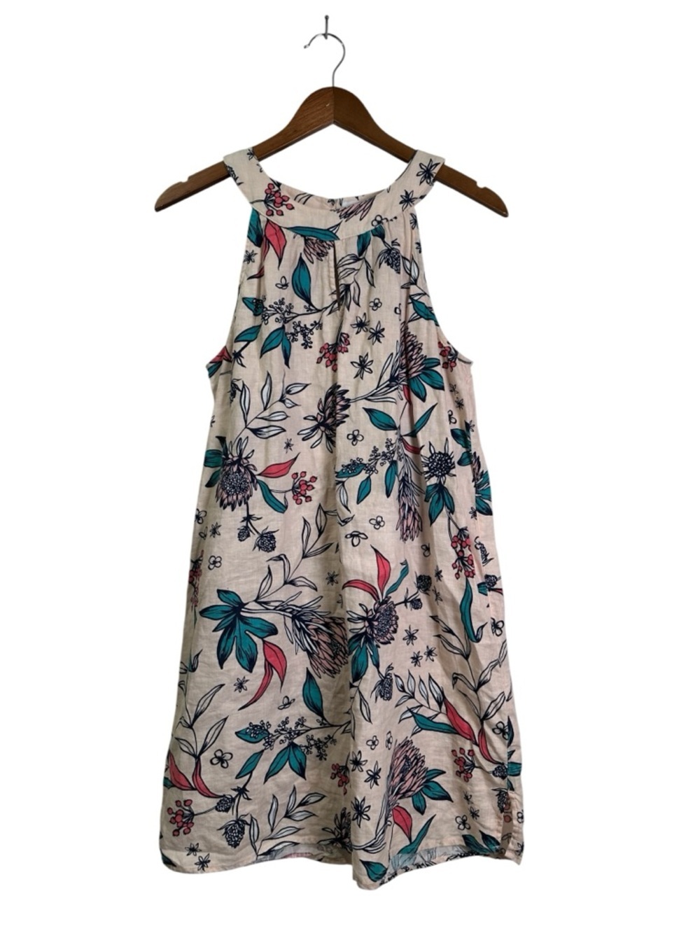 Rachel Ashwell M Peach Pink Botanical Print Sleeveless Linen Shift Sundress